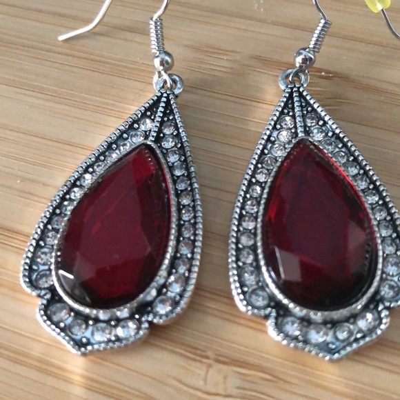 Jewelry - SOLD SOLD SOLD Vintage Red Glass Teardrop Earring with Rhinestone Surround